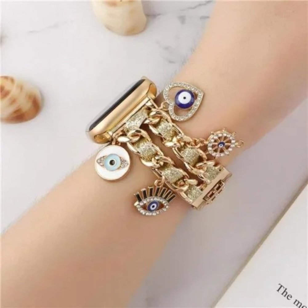 NEW Gold Apple Watch Band w/Evil Eye Charms - Picture 5 of 5